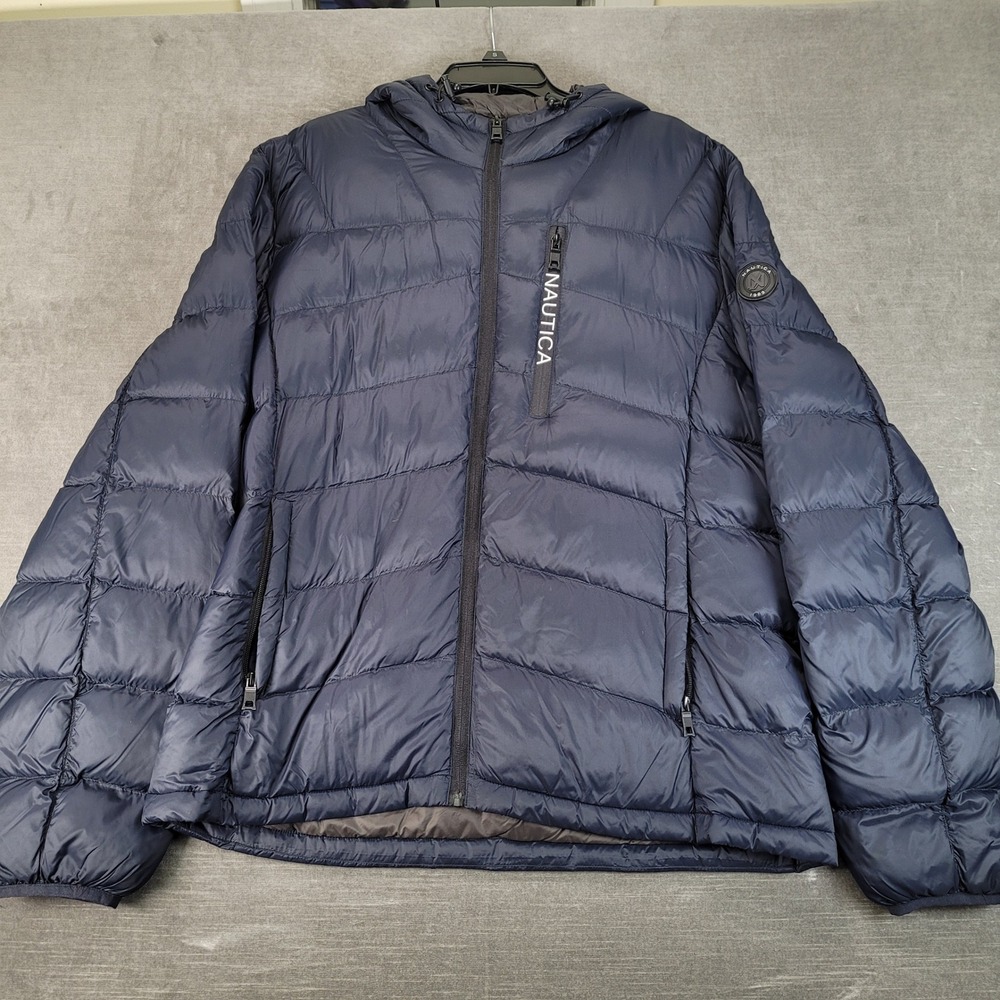 Nautica Womens Navy Blue Hooded Down Puffer Jacket Water Resistant Size Large